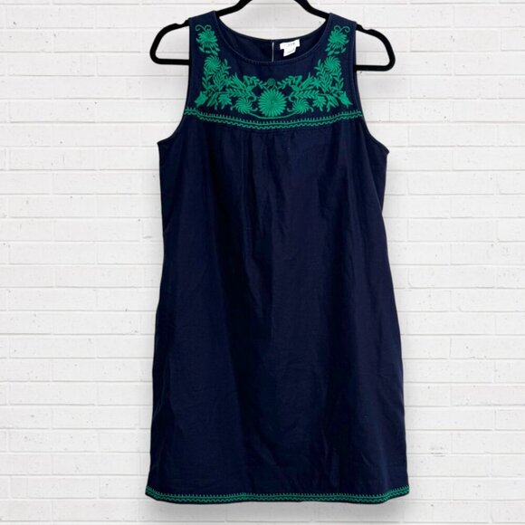 J CREW Factory Navy Blue Green Floral Embroidered Linen Preppy Shift Dress M - Picture 1 of 5